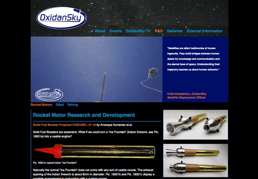 screenshot of an OxidanSky webpage